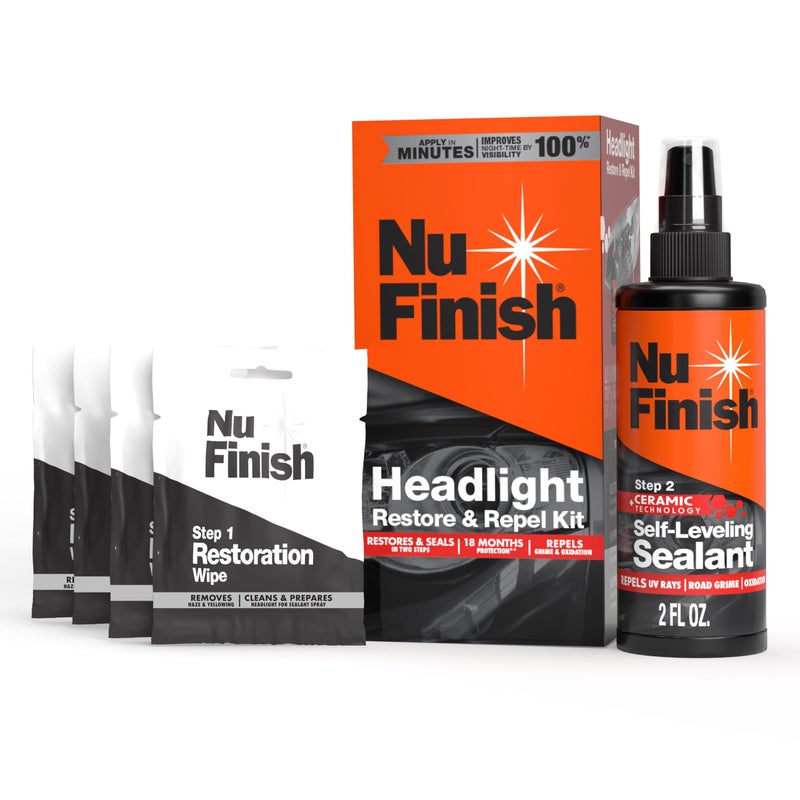 Nu Finish Headlight Restore and Repel Kit, 2-Step Car Headlight Restoration Kit with 4 Headlight Restorer Wipes and a Ceramic Self-Leveling Headlight Sealant Spray - Image 1